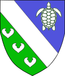 Per bend azure and vert, a bend between a natural sea-tortoise and three seeblätter argent.