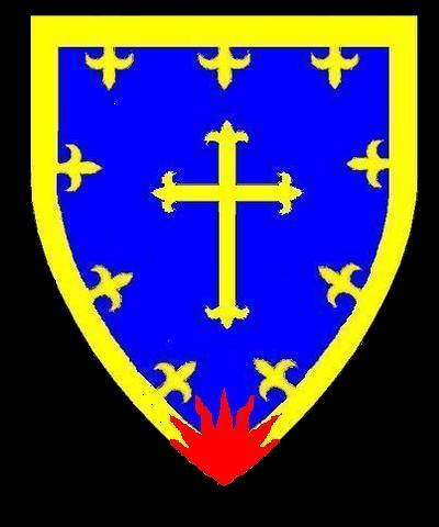 Azure a cross fleury or a border fleury or issuant from base a sun in splendor gules.
