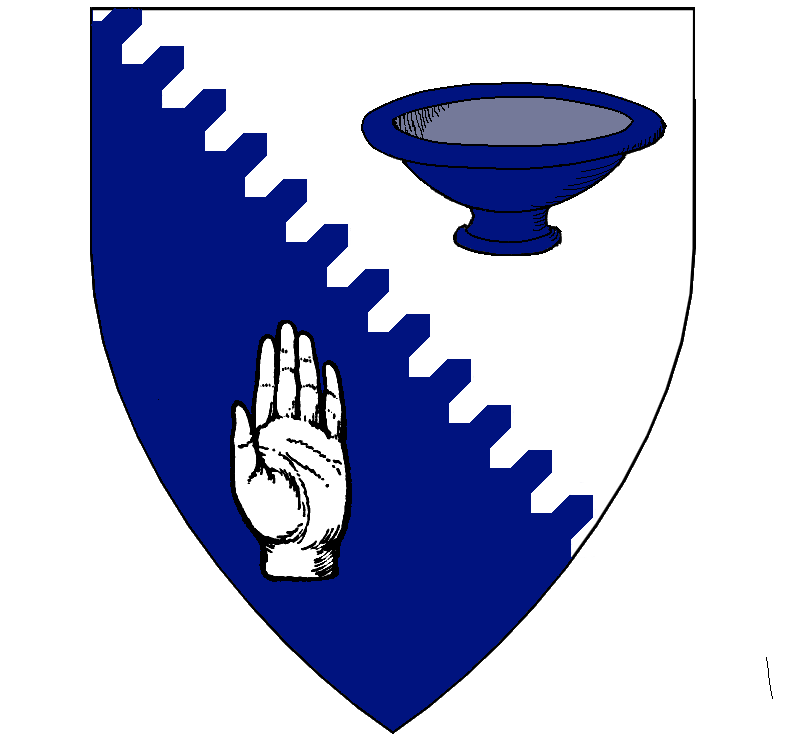 Per bend urdy argent and azure, a bowl and a sinister hand counterchanged. 
