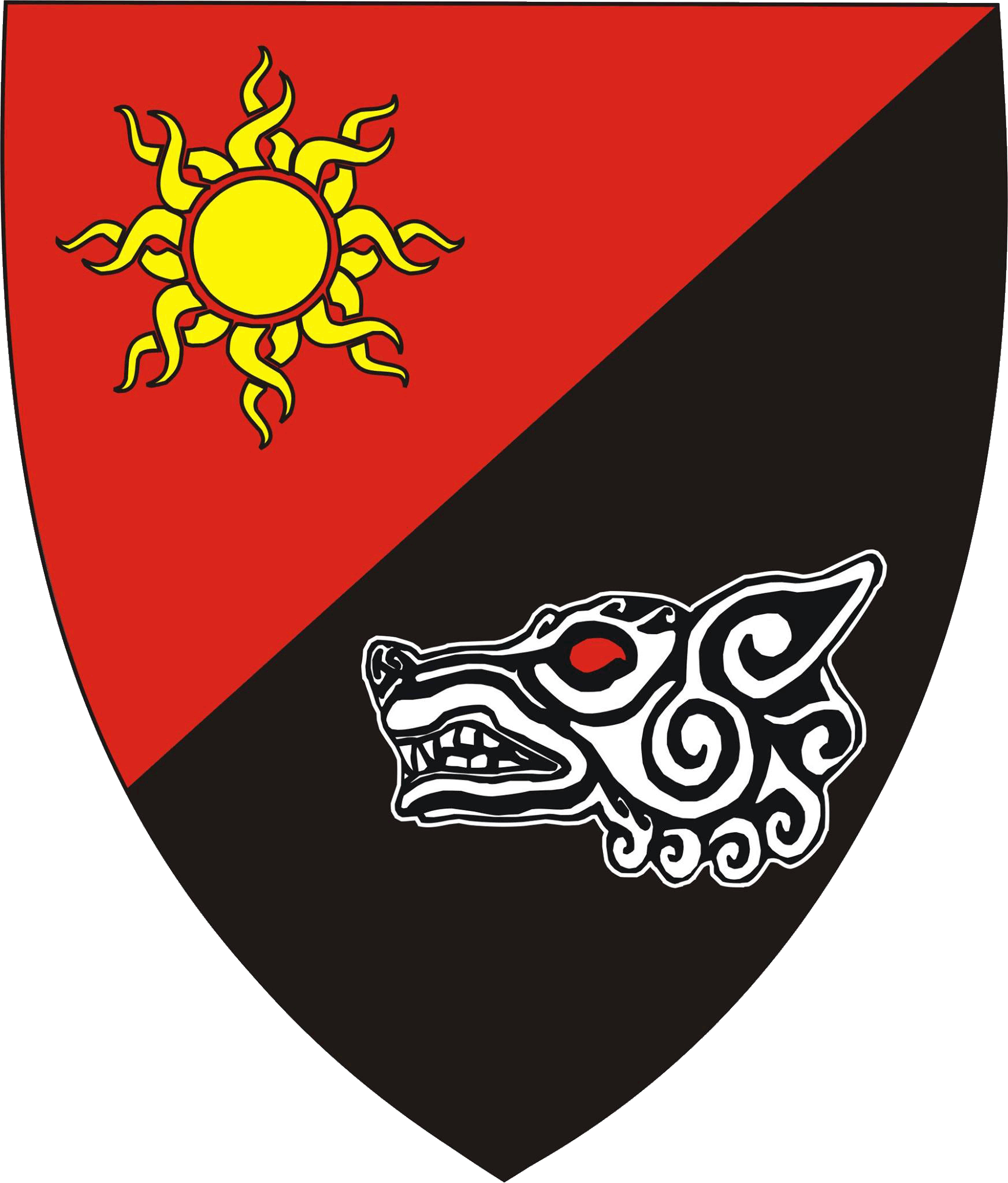 Per bend sinister gules and sable, a sun in its splendor Or and a wolf's head erased argent.