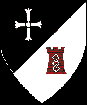 Per bend sinister sable and argent, a cross fleury argent and on a tower gules in pale three mascles interlaced argent.