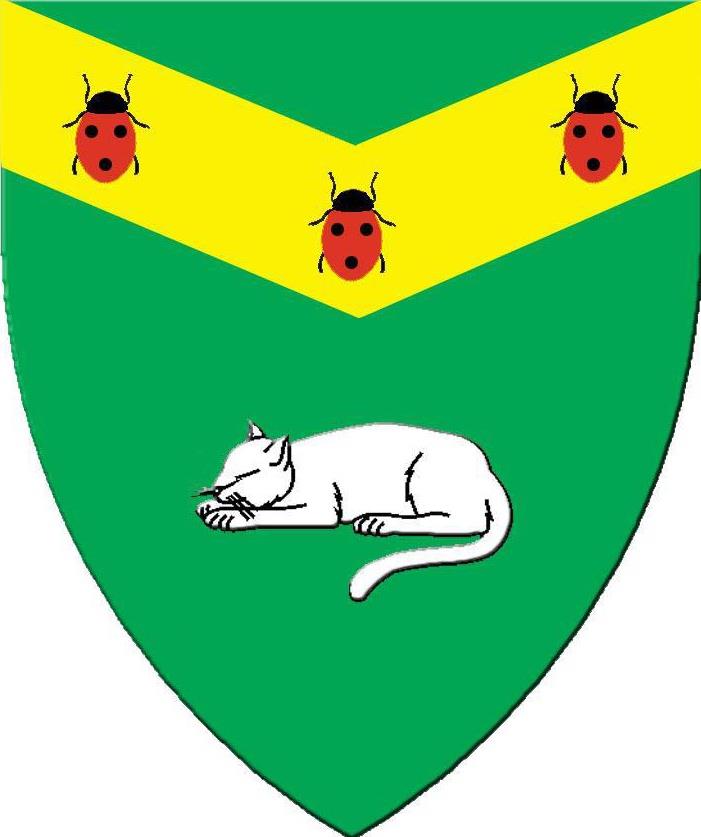 Vert, on a chevron inverted Or three ladybugs gules spotted sable and in base a domestic cat dormant argent.