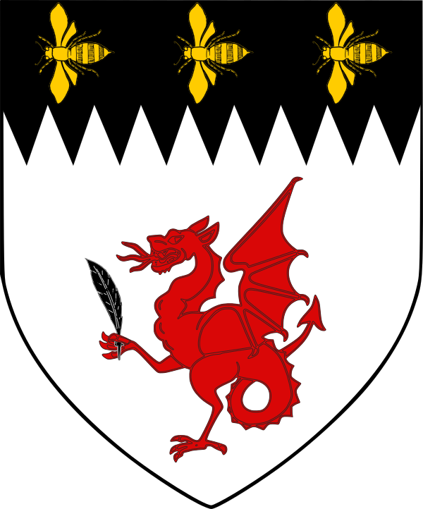 Argent, a wyvern passant gules, maintaining a quill pen, on a chief indented sable, three bees volant en arrière to dexter Or.