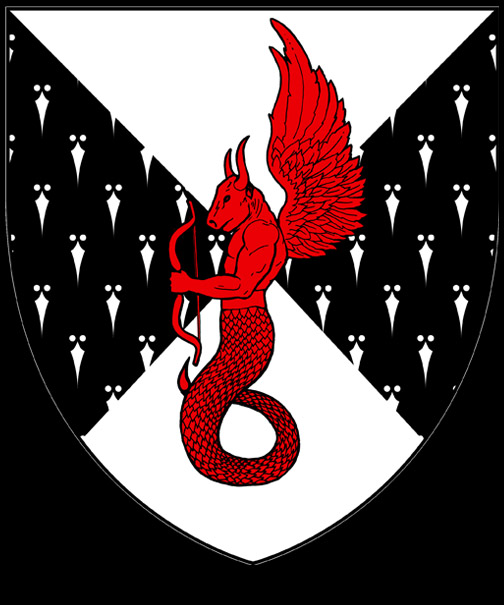 Per saltire argent and counter-ermine, a monster composed of the head and torso of a bull, the tail of a snake, the wings of an eagle and the forearms of a man, erect, wings elevated and maintaining a bow gules.