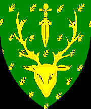Vert semy of oak leaves bendwise sinister, in pale a dagger inverted and a stag's head caboshed Or.