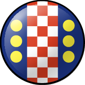 SCA Exchecquer Badge: Azure, a pale checky Gules and Argent between six bezants in pale three and three.