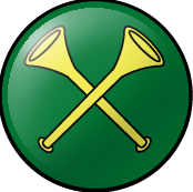 SCA Herald Badge: Vert, two straight trumpets in saltire, bells in chief Or.